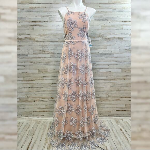 Jump Apparel Halter Tulle Glitter Maxi Dress Gown Juniors Size 5/6 Blush Floral - Picture 2 of 16